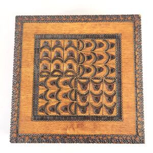 Polish Carved Wood Jewelry Box w Hinged Lid Vintage Folk Art Trinket Gold Inlay